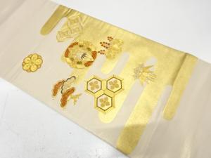 金彩　向かい鶴に花・古典柄　刺繍　袋帯
